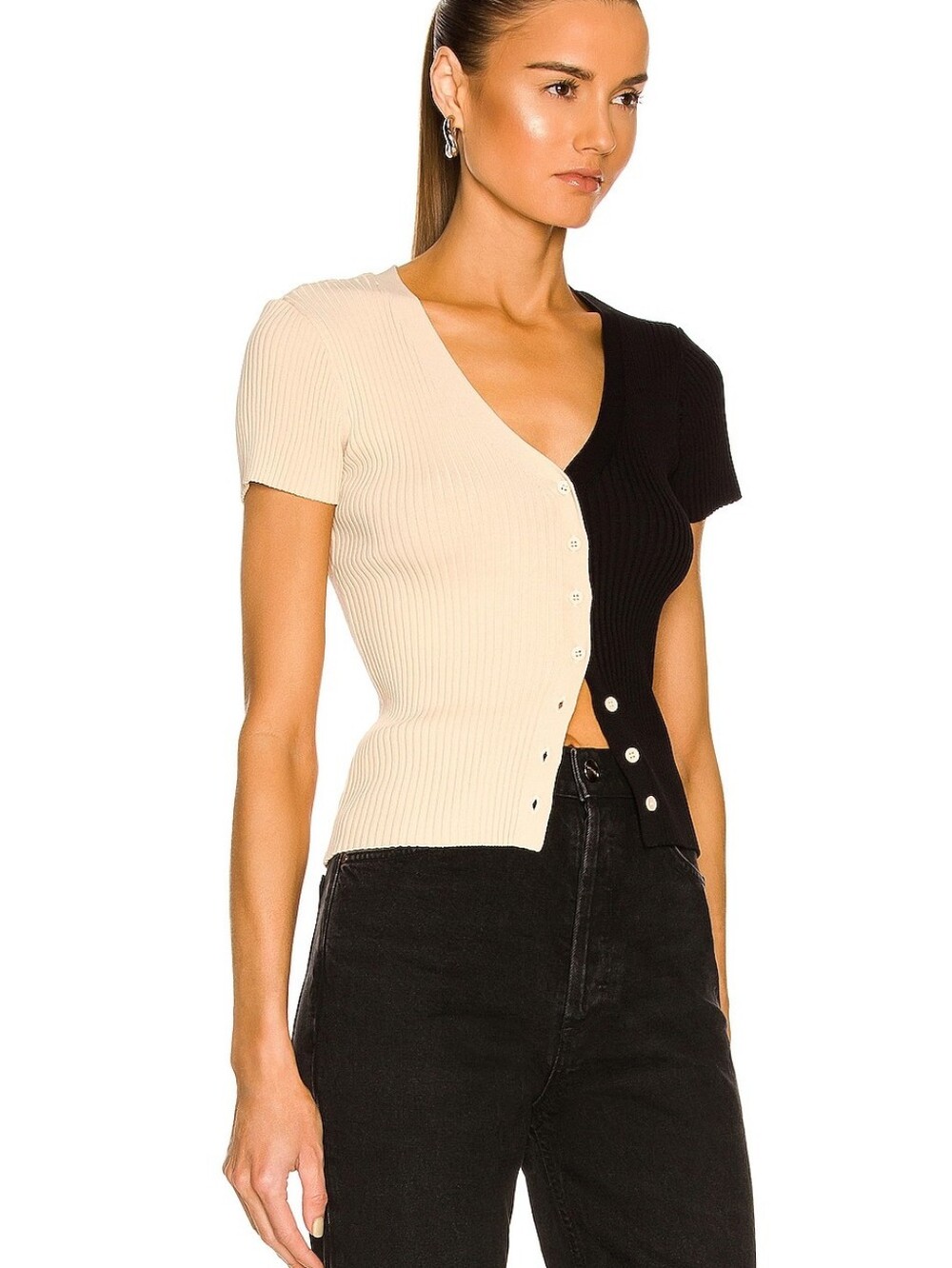NWT Staud Short Sleeved Cargo Sweater In Buff & Black - Picture 3 of 9